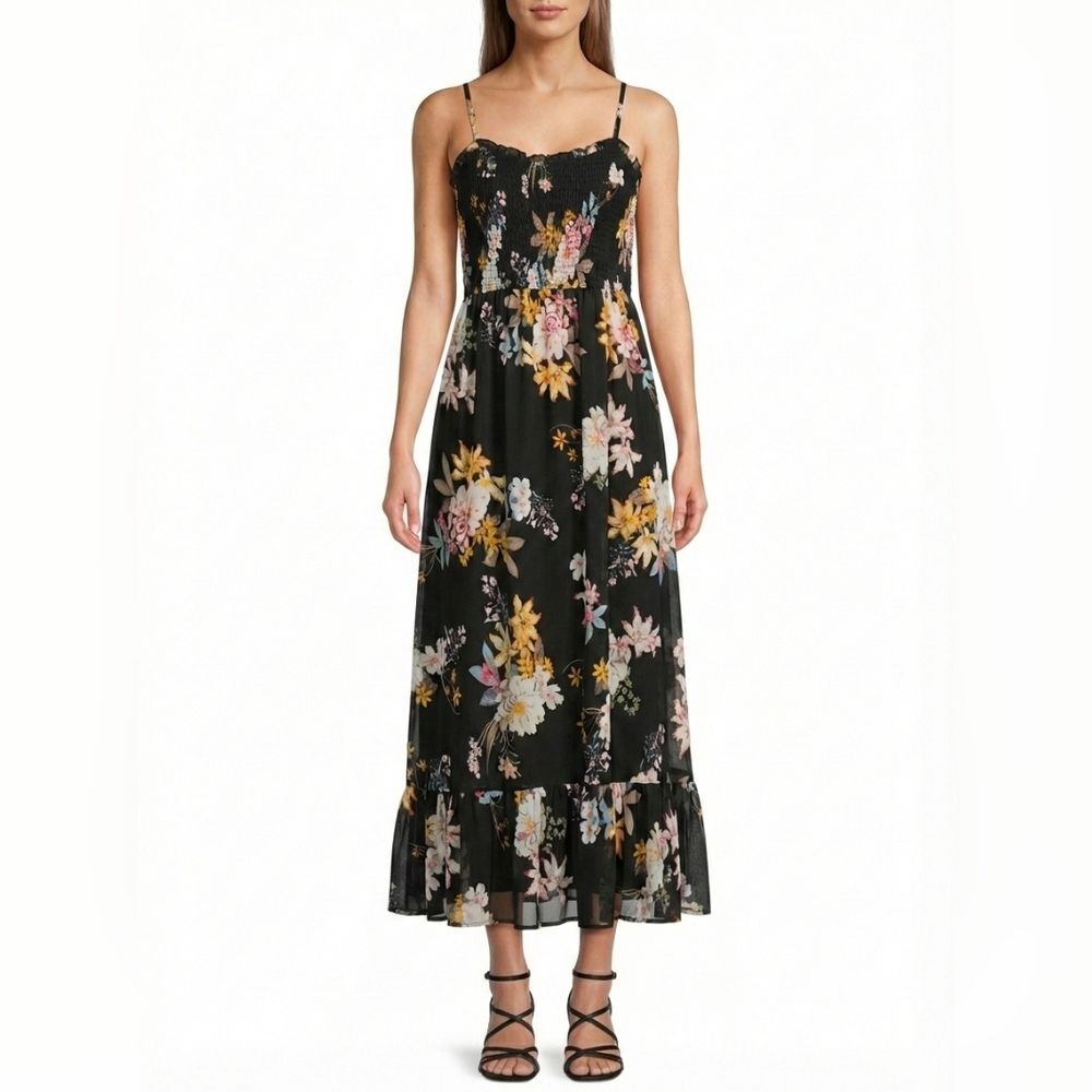 Tuchuzy Black Floral Smocked Back Maxi Dress XS Ruffle Tiered Boutique Floral